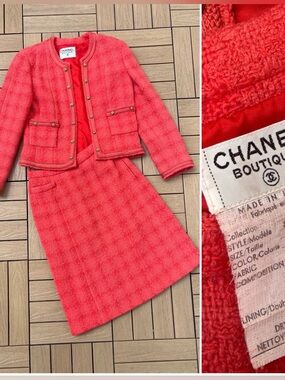 Vintage CHANEL Boutique hot pink coral Tweed Midi Skirt amazing 💝💝 larger size